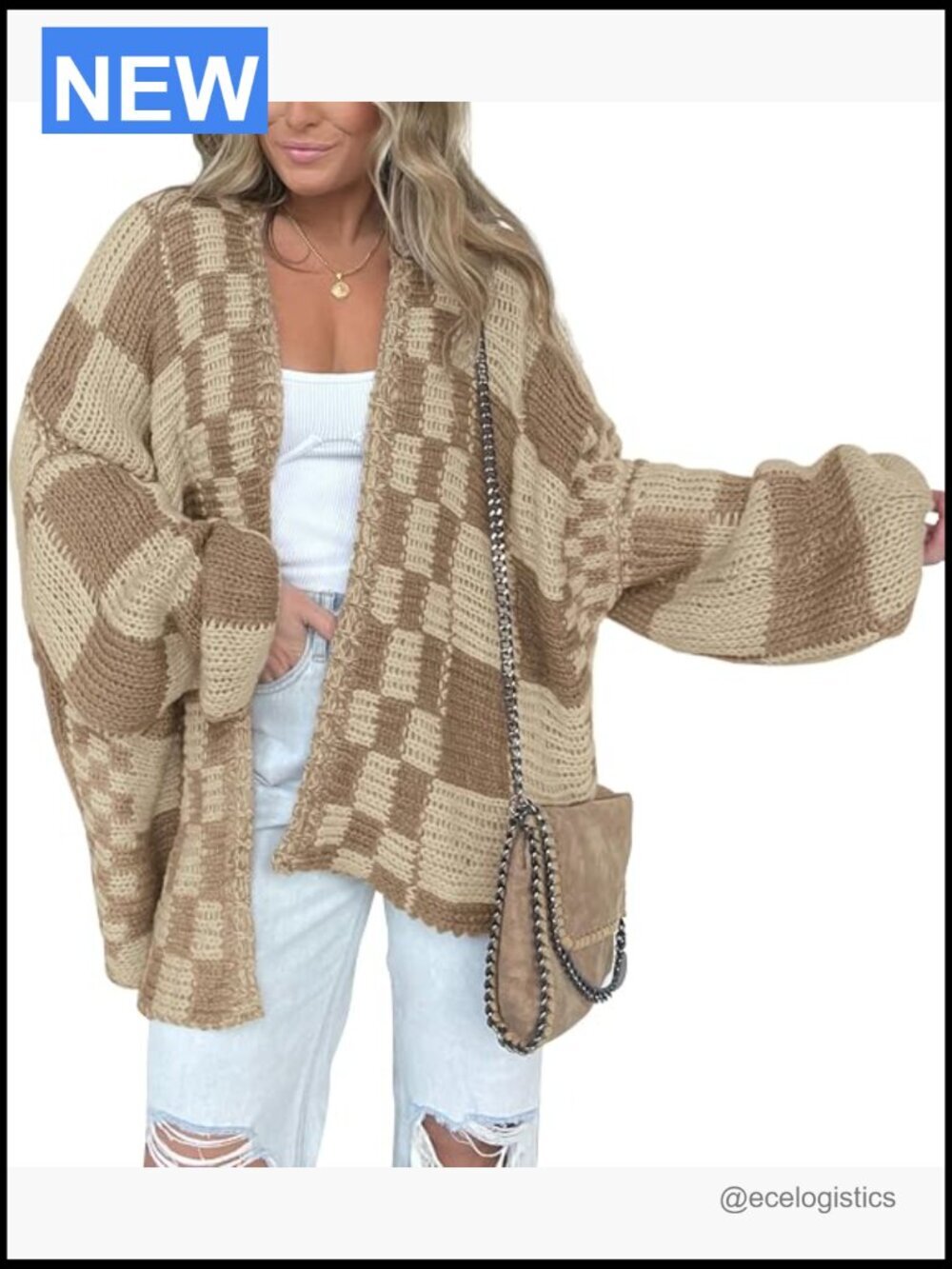 Casual Checkered Open Front Chunky Knit Cardigan Sweater Long Sleeve